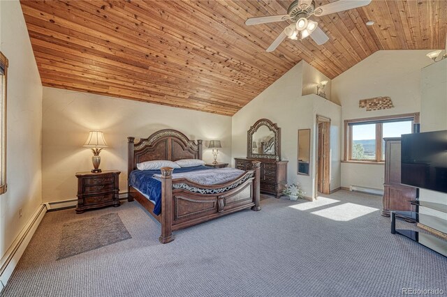 carpeted bedroom featuring a baseboard radiator, high vaulted ceiling, ceiling fan, and wooden ceiling