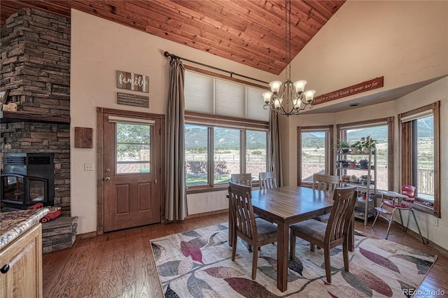 dining area featuring high vaulted ceiling, an inviting chandelier, wooden ceiling, hardwood / wood-style floors, and a wood stove