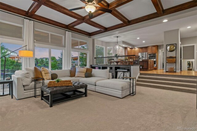 27290 E Nova Cir, Aurora, CO 80016 - living area with light carpet, recessed lighting, coffered ceiling, beamed ceiling, and ceiling fan