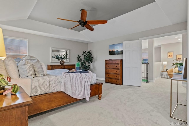 27290 E Nova Cir, Aurora, CO 80016 - bedroom with light colored carpet, vaulted ceiling, and a ceiling fan