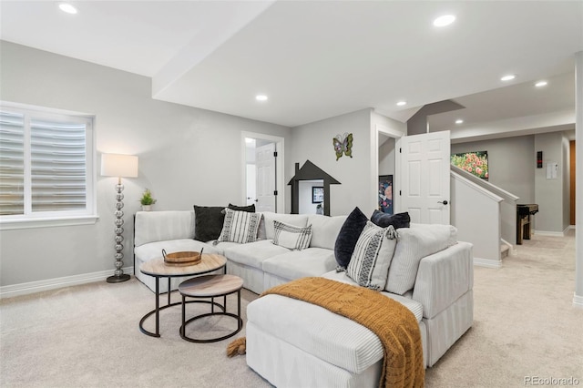 27290 E Nova Cir, Aurora, CO 80016 - living room with light carpet, recessed lighting, and stairway