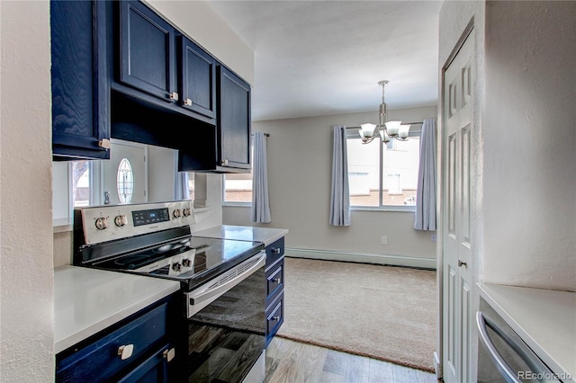 kitchen with blue cabinetry, stainless steel electric range oven, light wood-type flooring, and a baseboard radiator