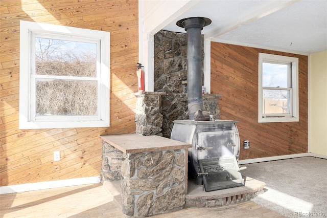 room details featuring wood walls, carpet flooring, and a wood stove