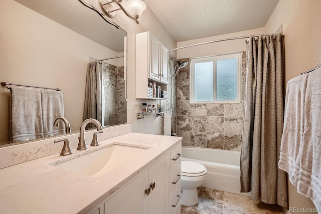 full bathroom featuring a textured ceiling, vanity, shower / bath combo, and toilet