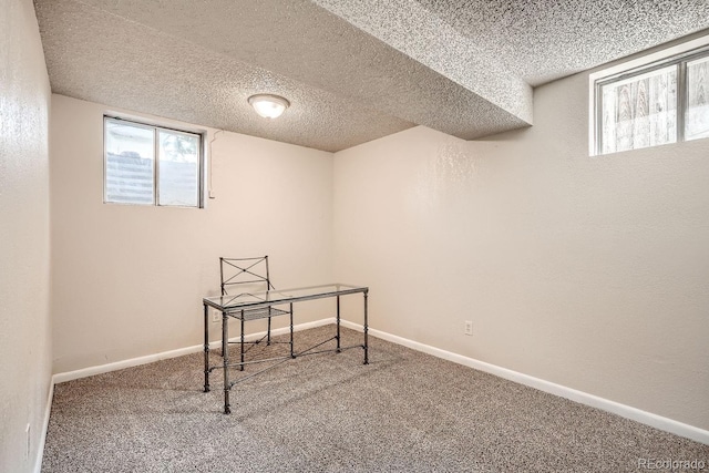 office area featuring carpet and a textured ceiling