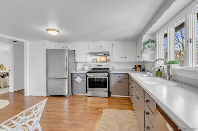 505 S Roosevelt Rd, Lafayette, CO 80026 - kitchen with stainless steel appliances, a sink, ventilation hood, light countertops, and light wood finished floors