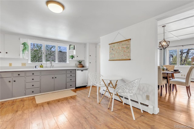 505 S Roosevelt Rd, Lafayette, CO 80026 - kitchen featuring dishwasher, gray cabinets, a baseboard heating unit, and light wood-style flooring