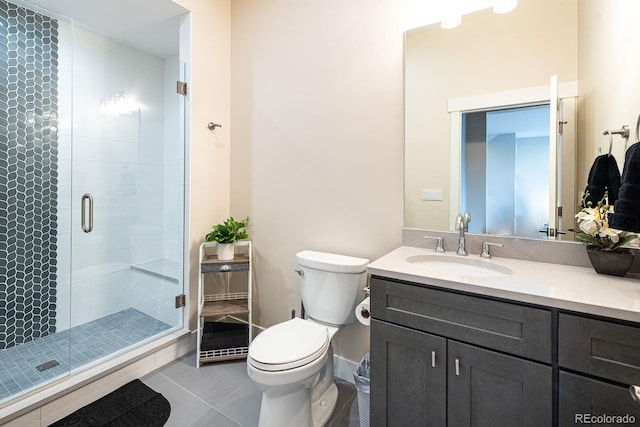 bathroom featuring tile patterned floors, a shower with shower door, vanity, and toilet