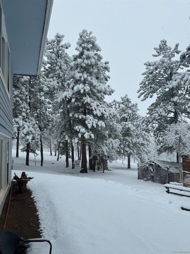 view of yard layered in snow