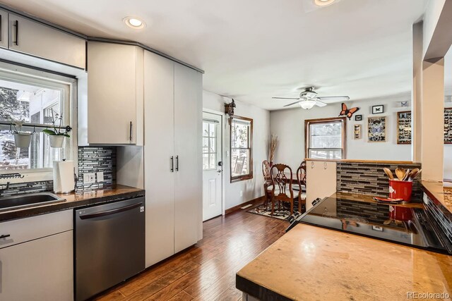 kitchen featuring tasteful backsplash, dark wood-type flooring, a ceiling fan, a sink, and dishwasher