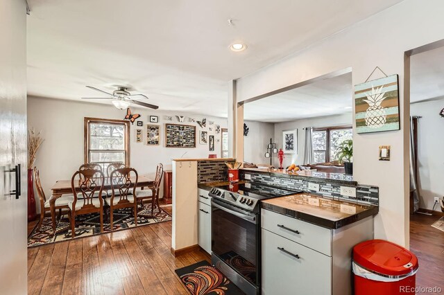 kitchen with tasteful backsplash, dark wood-style flooring, a wealth of natural light, and stainless steel range with electric cooktop