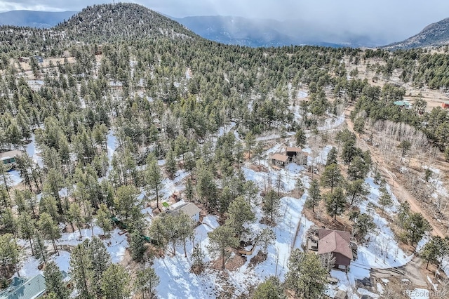 aerial view featuring a mountain view and a wooded view