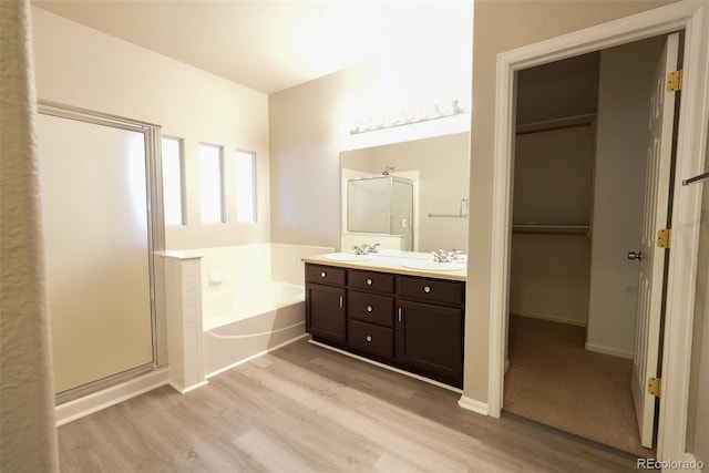 bathroom featuring vanity, hardwood / wood-style floors, and plus walk in shower