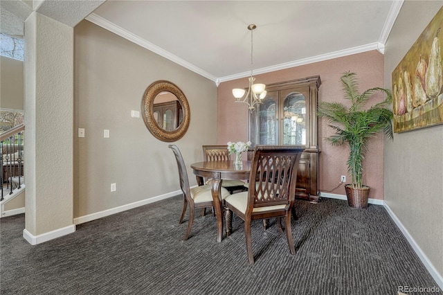 dining space with baseboards, dark colored carpet, stairs, a chandelier, and crown molding