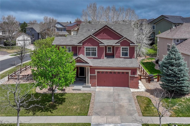 22965 Allendale Ave, Parker, CO 80138 - craftsman-style house with concrete driveway, an attached garage, roof with shingles, brick siding, and a residential view