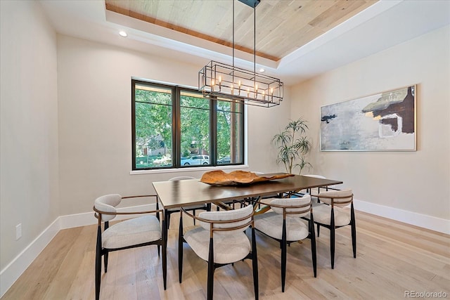 dining area featuring light hardwood / wood-style flooring, a tray ceiling, and wood ceiling