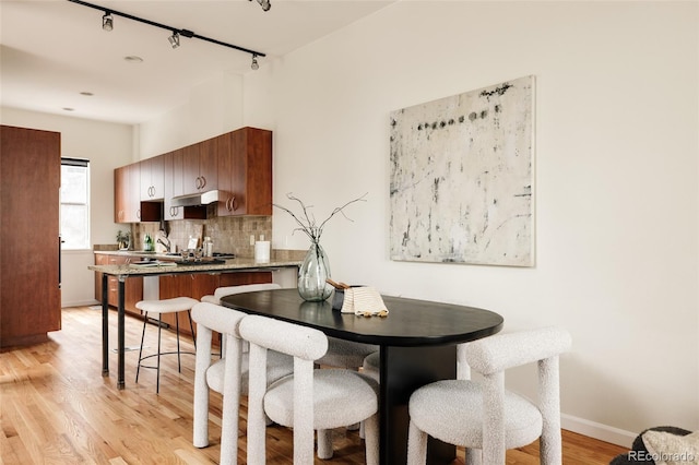 2680 Blake St Unit 12, Denver, CO 80205 - dining space featuring track lighting, light wood-type flooring, and baseboards