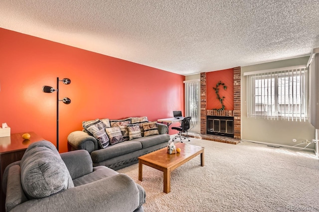 1470 S Quebec Way Unit 46, Denver, CO 80231 - carpeted living room featuring a textured ceiling and a fireplace