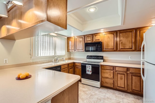 1470 S Quebec Way Unit 46, Denver, CO 80231 - kitchen featuring electric range oven, black microwave, freestanding refrigerator, crown molding, and brown cabinetry