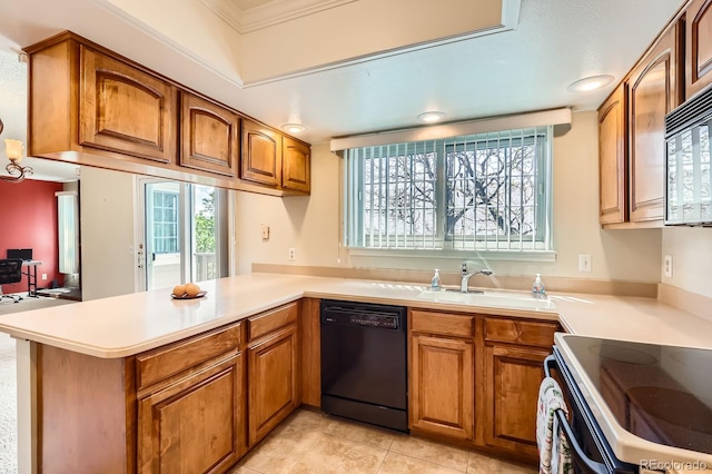 1470 S Quebec Way Unit 46, Denver, CO 80231 - kitchen featuring black appliances, brown cabinetry, a peninsula, light countertops, and crown molding