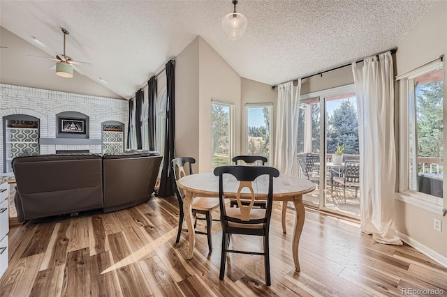 dining area with a healthy amount of sunlight, light wood-type flooring, and ceiling fan