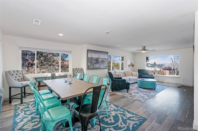 dining room featuring hardwood / wood-style floors and ceiling fan