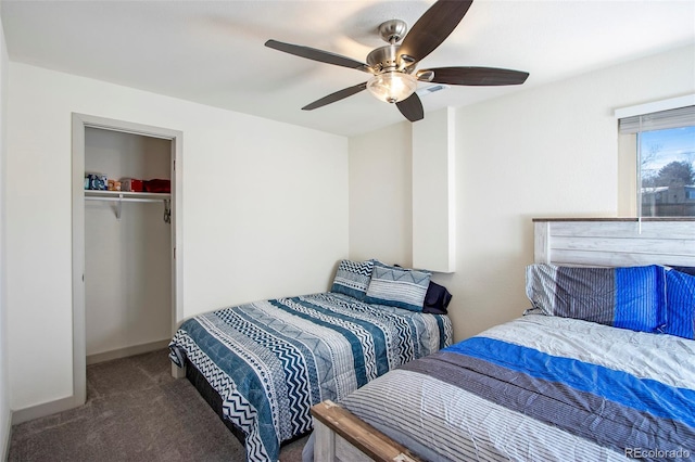 carpeted bedroom featuring a closet and ceiling fan