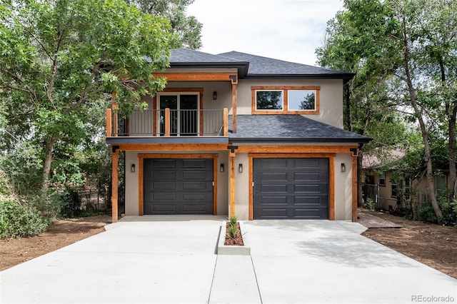 view of front of property with a balcony and a garage