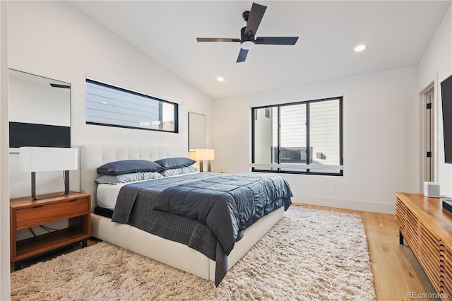 2625 W 23rd Ave, Denver, CO 80211 - bedroom featuring lofted ceiling, light wood-style floors, recessed lighting, and a ceiling fan