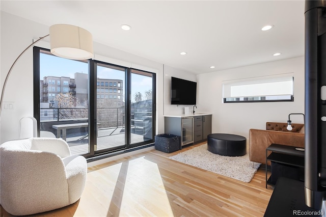 2625 W 23rd Ave, Denver, CO 80211 - living area with wet bar, light wood-type flooring, and recessed lighting