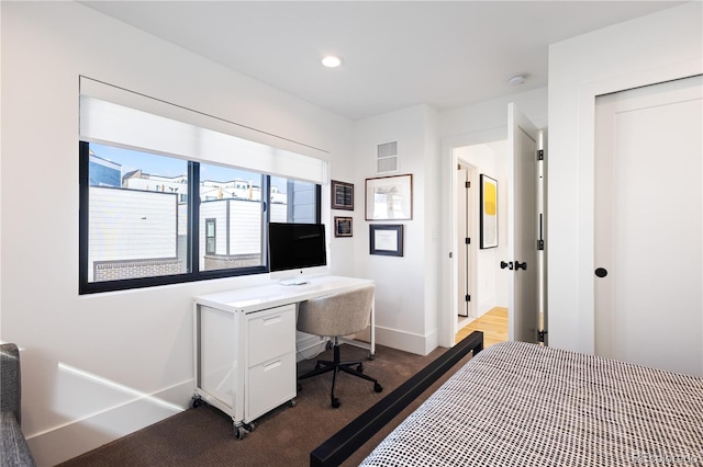 2625 W 23rd Ave, Denver, CO 80211 - bedroom with baseboards, dark carpet, and recessed lighting
