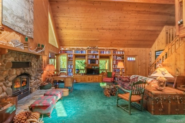 living room featuring a stone fireplace, wood ceiling, high vaulted ceiling, carpet, and wood walls