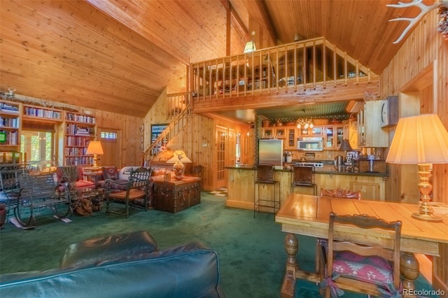 living room featuring wooden ceiling, wooden walls, high vaulted ceiling, and dark carpet