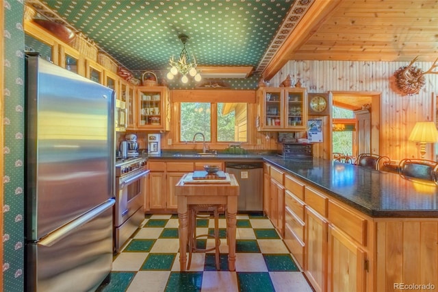 kitchen with sink, a breakfast bar area, a notable chandelier, and stainless steel appliances