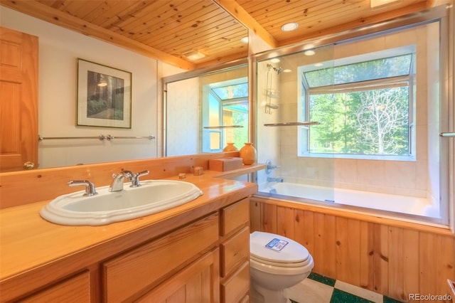 full bathroom featuring wood ceiling, toilet, enclosed tub / shower combo, and vanity