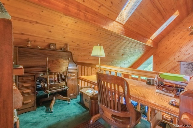 sitting room featuring wood walls, wood ceiling, vaulted ceiling with skylight, and carpet floors