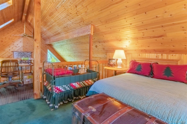 carpeted bedroom with wood walls, vaulted ceiling with beams, and wooden ceiling