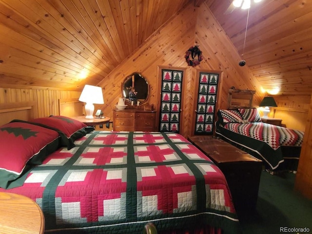 bedroom featuring carpet floors, lofted ceiling, and wood ceiling