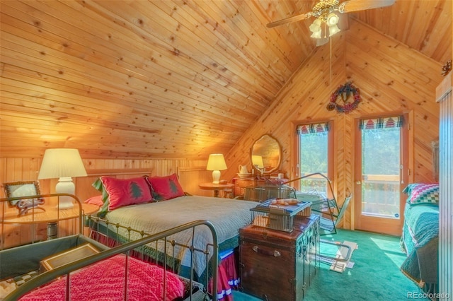 carpeted bedroom with ceiling fan, high vaulted ceiling, and wood ceiling