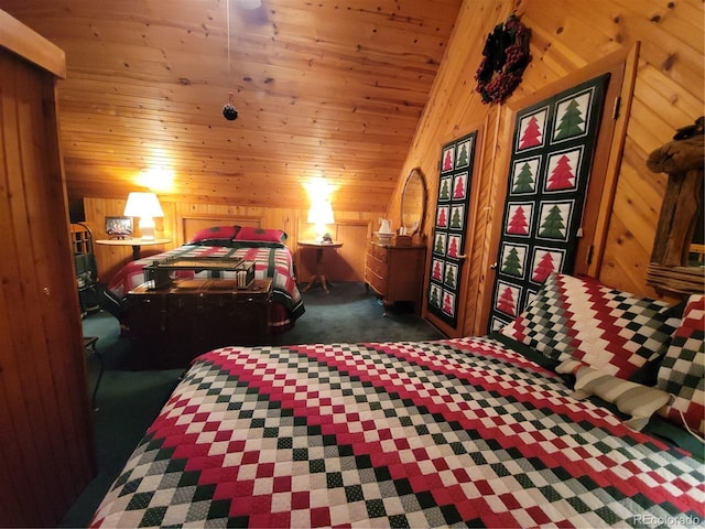 carpeted bedroom with vaulted ceiling, wood walls, and wooden ceiling