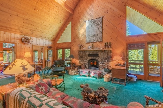 carpeted living room featuring wood ceiling, high vaulted ceiling, and a stone fireplace