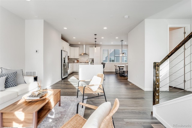 living room with dark wood-type flooring