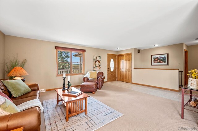 living room featuring light colored carpet