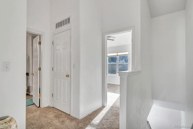 hallway featuring light colored carpet