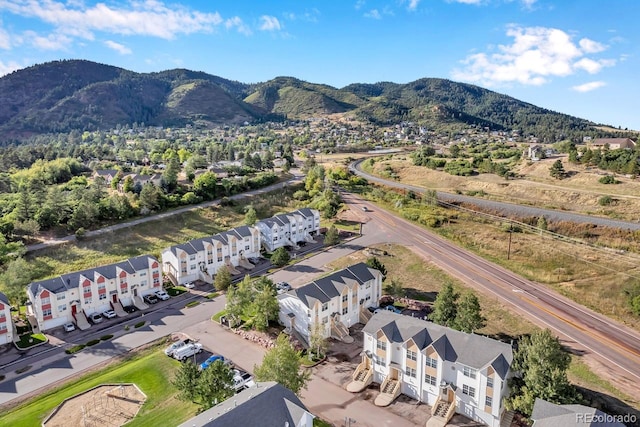 drone / aerial view featuring a mountain view