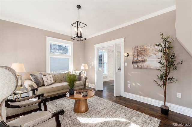 living room with ornamental molding and dark wood-type flooring