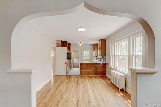 2636 N Glencoe St, Denver, CO 80207 - kitchen with radiator, arched walkways, light wood finished floors, brown cabinets, and crown molding