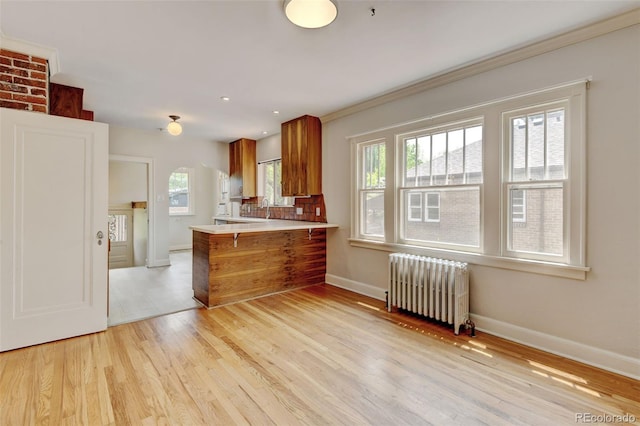 2636 N Glencoe St, Denver, CO 80207 - kitchen featuring radiator heating unit, brown cabinets, healthy amount of natural light, and baseboards