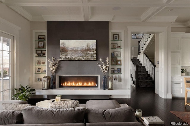 5470 S Highline Cir, Greenwood Village, CO 80121 - living room featuring dark wood-type flooring, a large fireplace, coffered ceiling, beamed ceiling, and stairs