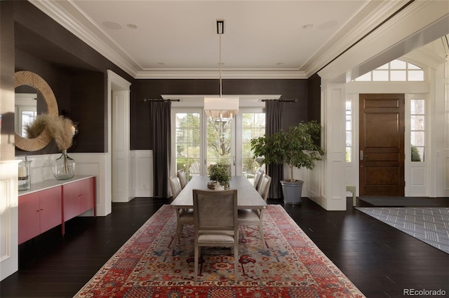 5470 S Highline Cir, Greenwood Village, CO 80121 - dining room with a decorative wall, dark wood-style flooring, a wainscoted wall, a chandelier, and ornamental molding